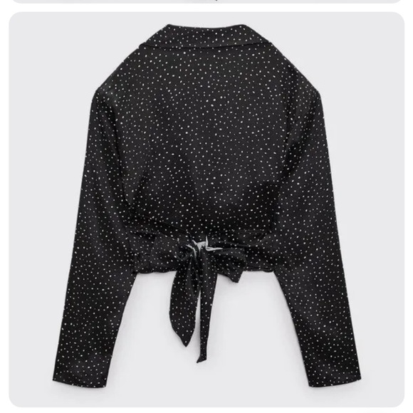 NWT ZARA Black White Polka Dot Satin Tie Front Bow Detail Blouse - Picture 4 of 4